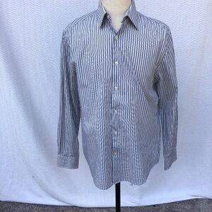 Perry Ellis Button Up Shirt Mens Size Medium White/Gray Striped Cotton L/S